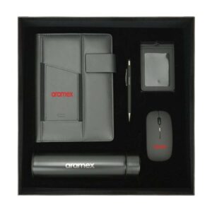 Personalized Corporate Office Gift Set - A5 Notebook, ID Card Holder, Metal Pen, Bottle, Wireless Mouse