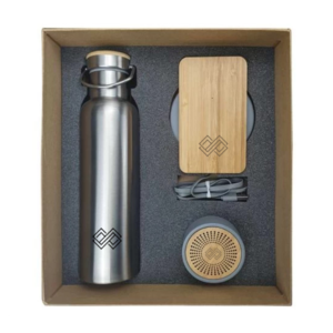 Personalized Eco-Friendly Gift Sets - Flask, Wireless Charging Phone Stand, Bluetooth Speaker