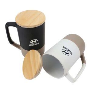 Personalized Two-toned Ceramic Mugs with Bamboo Lid, Clay Bottom