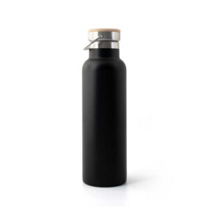 Black Double Wall Thermal Water Bottle with Bamboo Lid